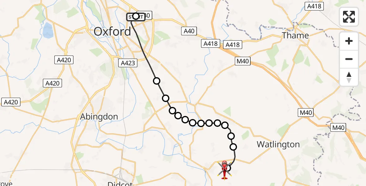 Flight path map showing Air Ambulance Helicopter route from John Radcliffe Hospital to RAF Benson