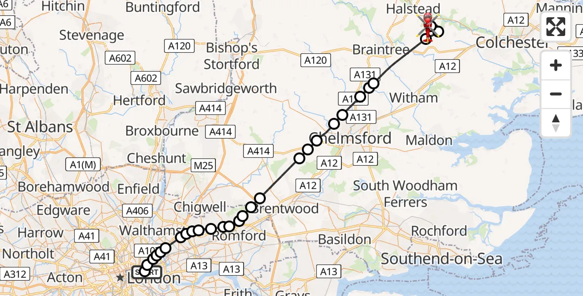 Flight path map showing Air Ambulance Helicopter route from Royal London Hospital to Earls Colne Airfield