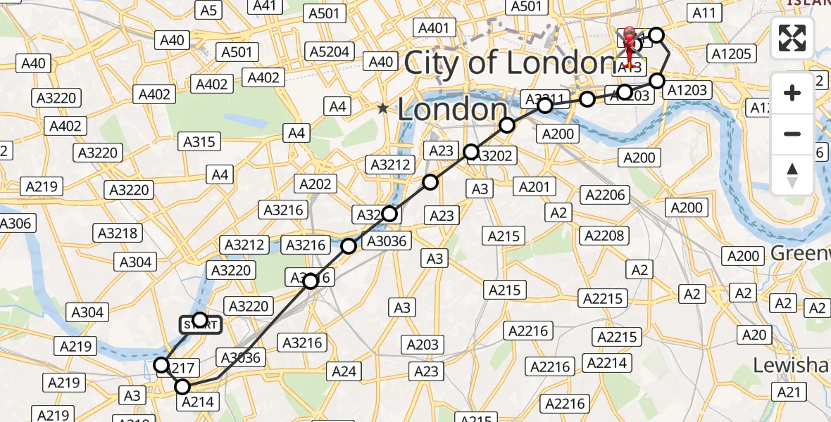 Flight path map showing Air Ambulance Helicopter route from London Heliport to Royal London Hospital