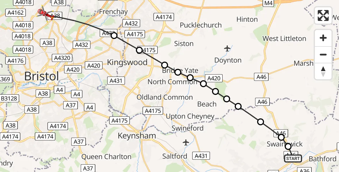 Flight path map showing Air Ambulance Helicopter route from Bath to Bristol