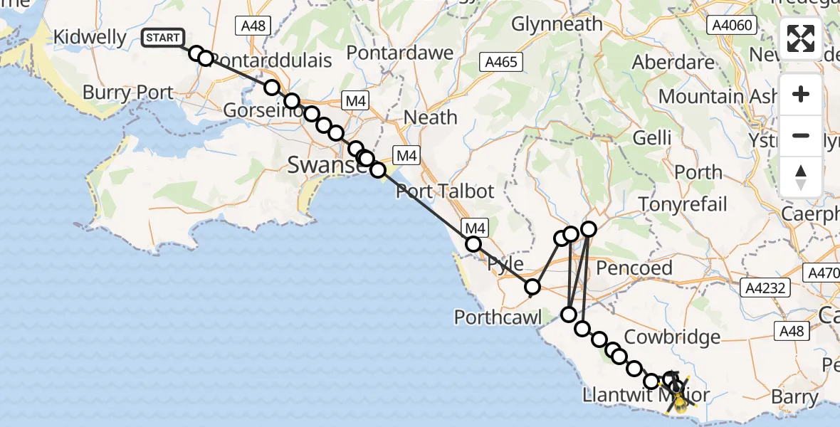Flight path map showing Police Helicopter route from Pum Heol / Five Roads to MOD St Athan