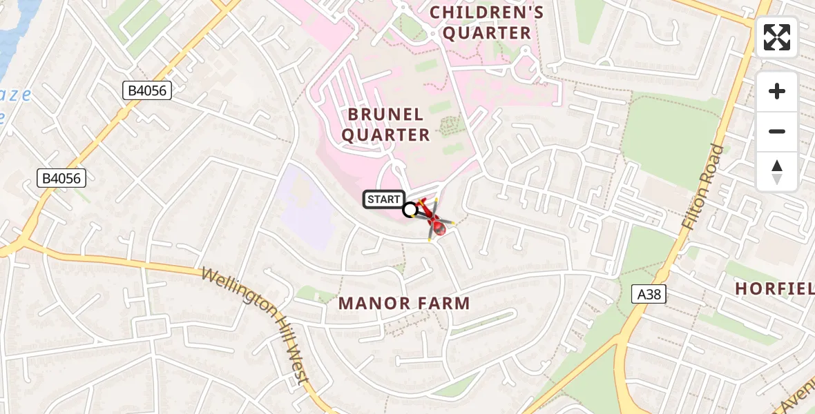 Flight path map showing Air Ambulance Helicopter route from Southmead Hospital to Bristol