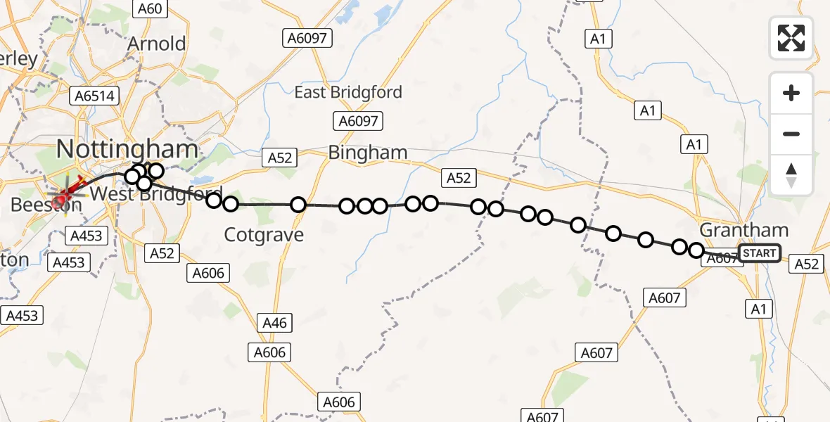 Flight path map showing Air Ambulance Helicopter route from Grantham to City of Nottingham