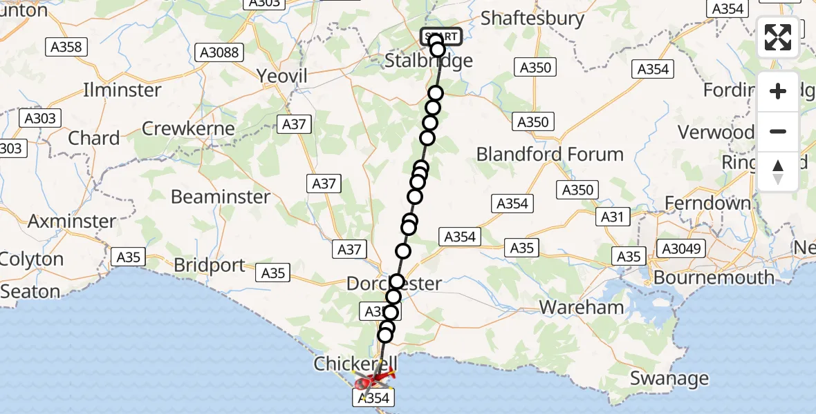 Flight path map showing Air Ambulance Helicopter route from Henstridge Airfield to Weymouth