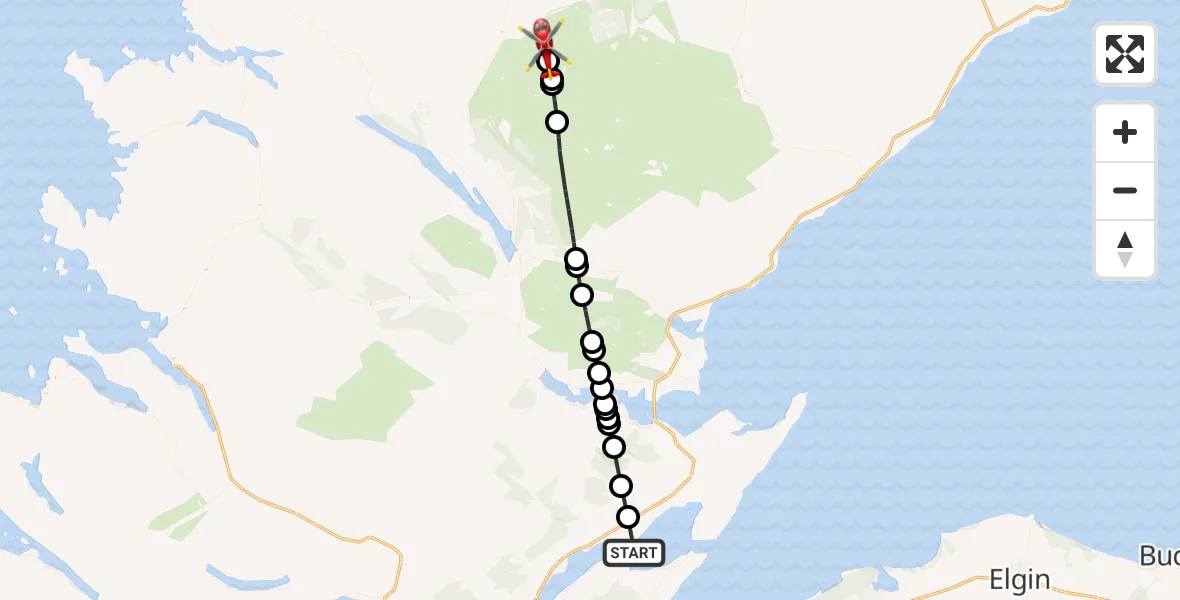 Flight path map showing Air Ambulance Helicopter route from Invergordon to Highland