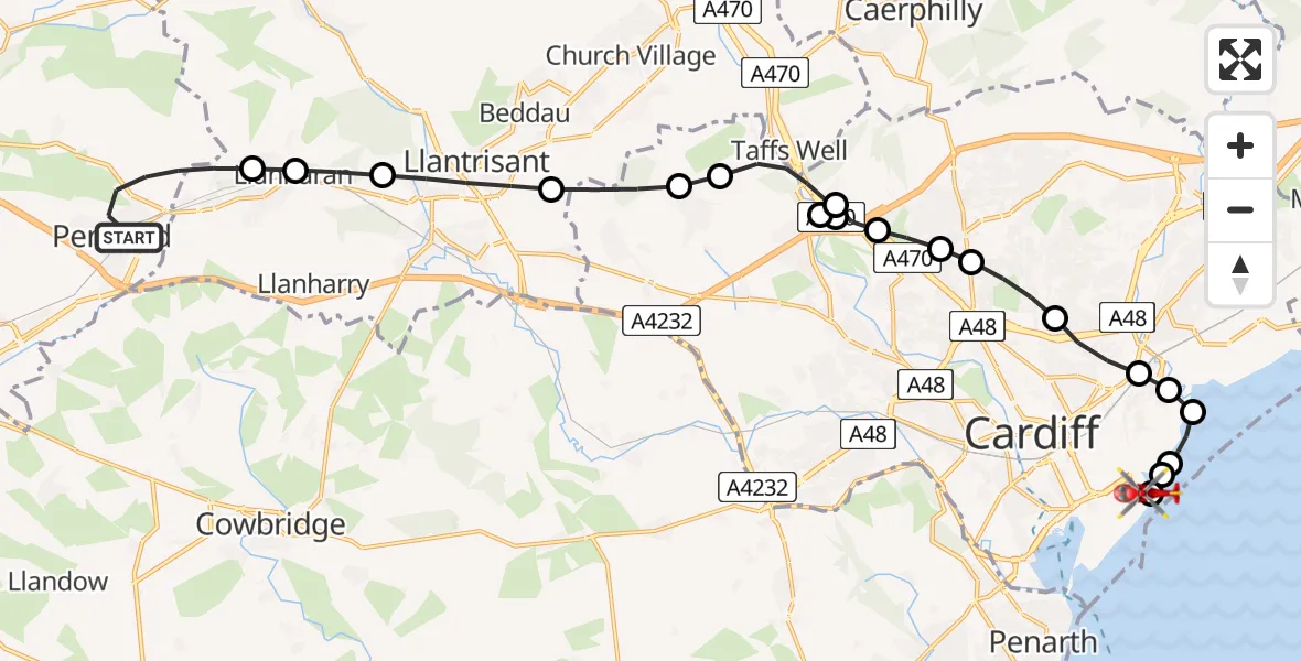 Flight path map showing Air Ambulance Helicopter route from Pencoed to Cardiff Heliport