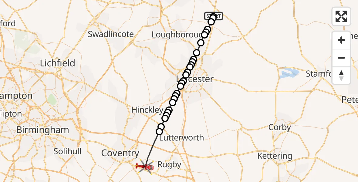 Flight path map showing Air Ambulance Helicopter route from Willoughby on the Wolds to Rugby