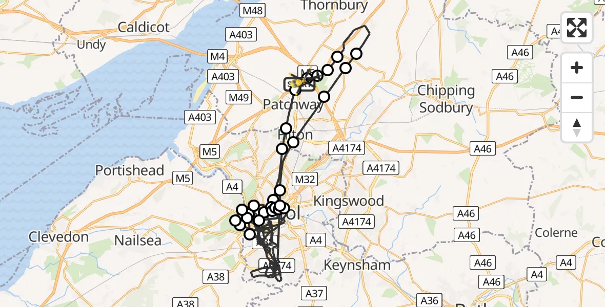Flight path map showing Police Helicopter route from Almondsbury Helicopter Base to Almondsbury Helicopter Base