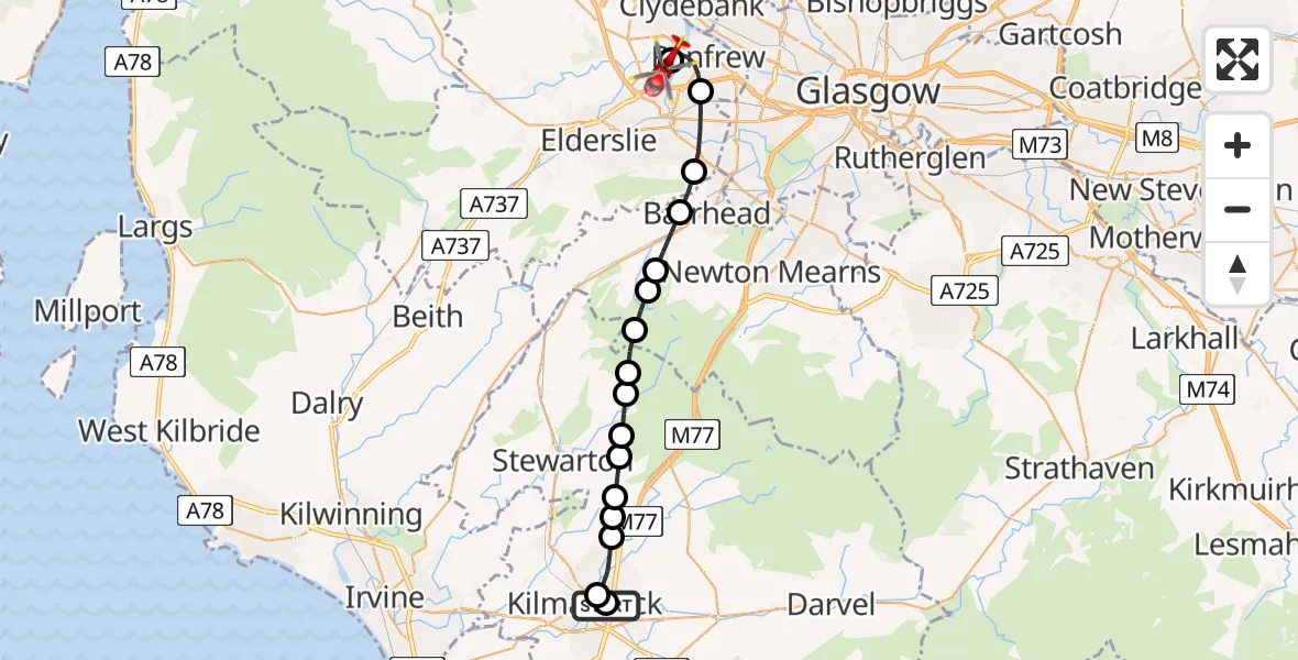 Flight path map showing Air Ambulance Helicopter route from Kilmarnock to Glasgow Airport