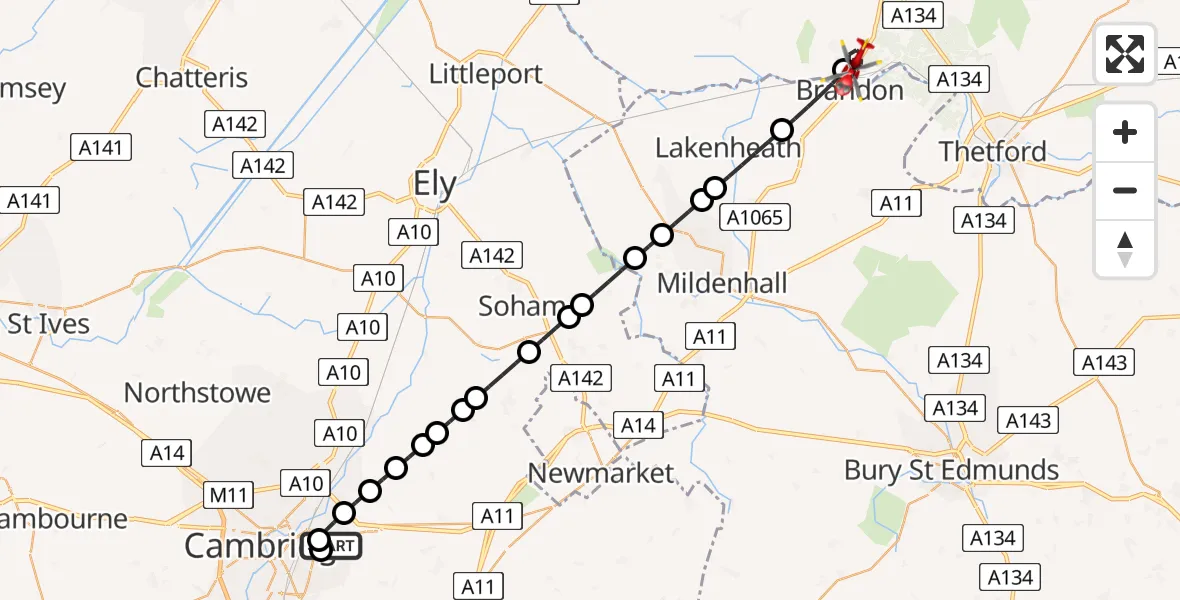 Flight path map showing Air Ambulance Helicopter route from Cambridge City Airport to Weeting