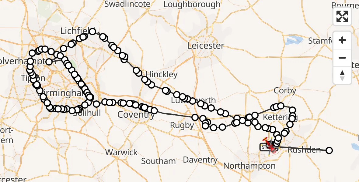 Flight path map showing Air Ambulance Helicopter route from Sywell Aerodrome to Sywell Aerodrome
