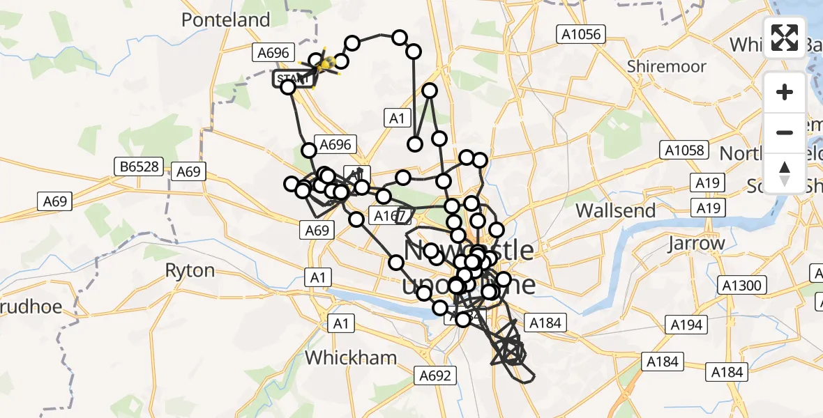 Flight path map showing Police Helicopter route from Newcastle International Airport to Newcastle International Airport