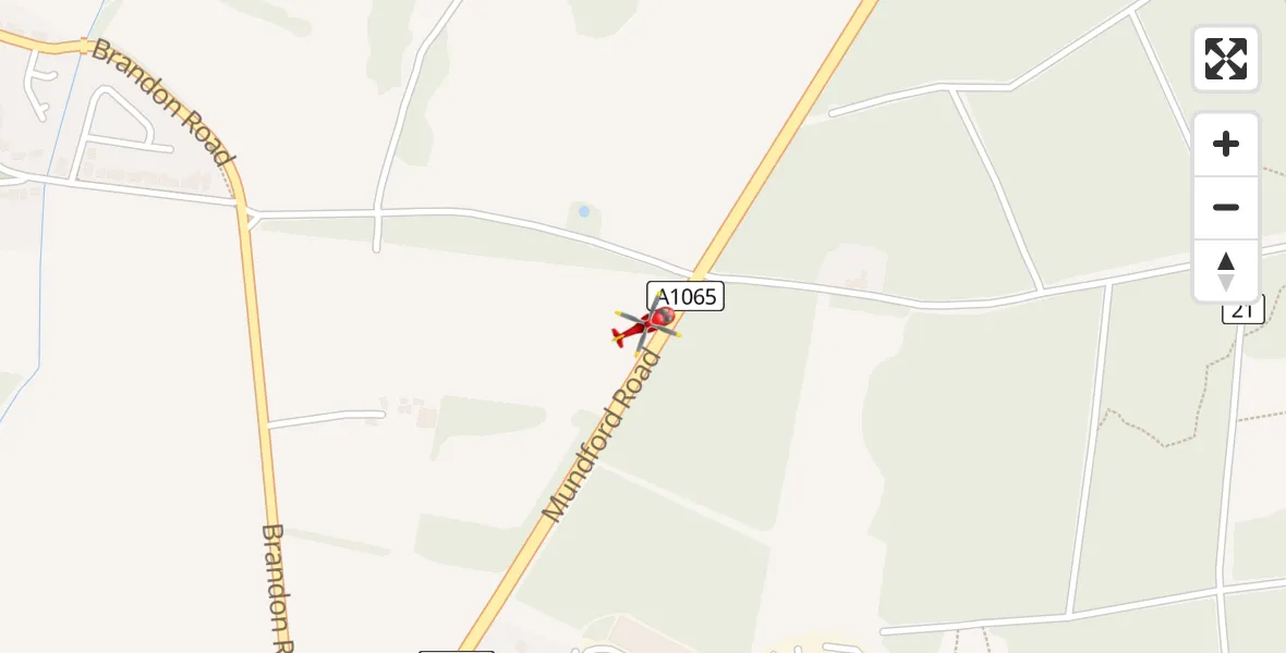 Flight path map showing Air Ambulance Helicopter route from Weeting to Weeting