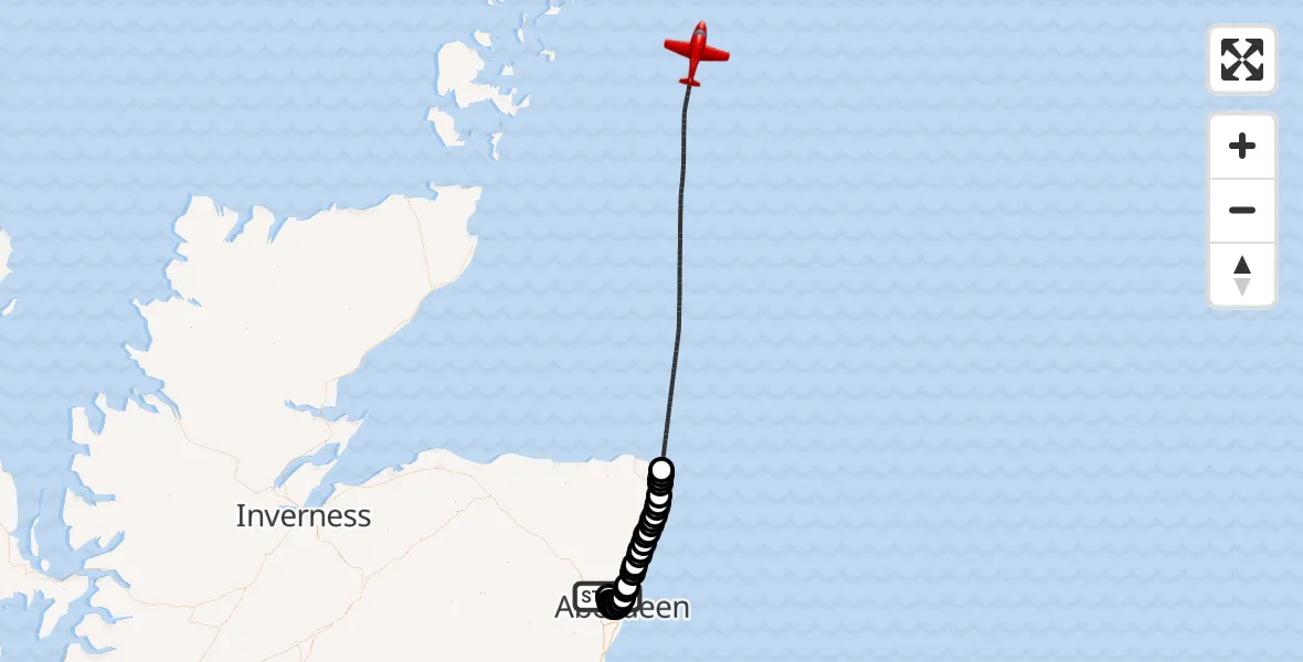 Flight path map showing Air Ambulance Aircraft route from Aberdeen International Airport to North Sea