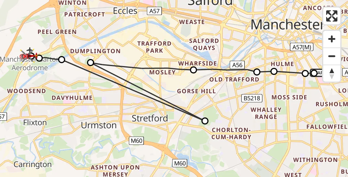 Flight path map showing Air Ambulance Helicopter route from Ardwick to Manchester Barton Aerodrome