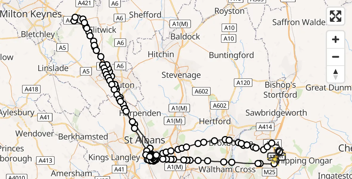 Flight path map showing Police Helicopter route from North Weald Airfield to North Weald Airfield