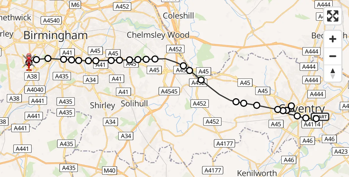 Routekaart van de vlucht: Air Ambulance Helicopter to Queen Elizabeth Hospital Helipad