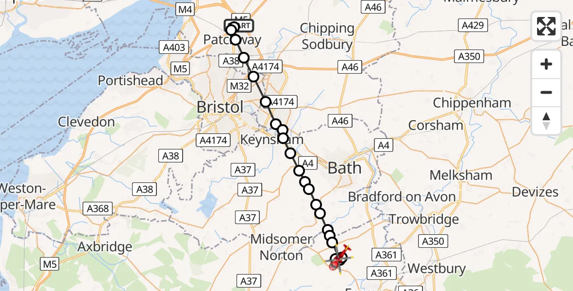 Routekaart van de vlucht: Air Ambulance Helicopter to Buckland Dinham, Faulkland