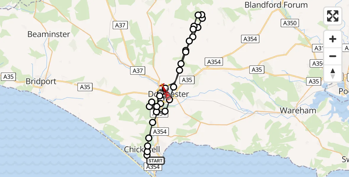 Flight path map showing Air Ambulance Helicopter route from Weymouth to Dorchester