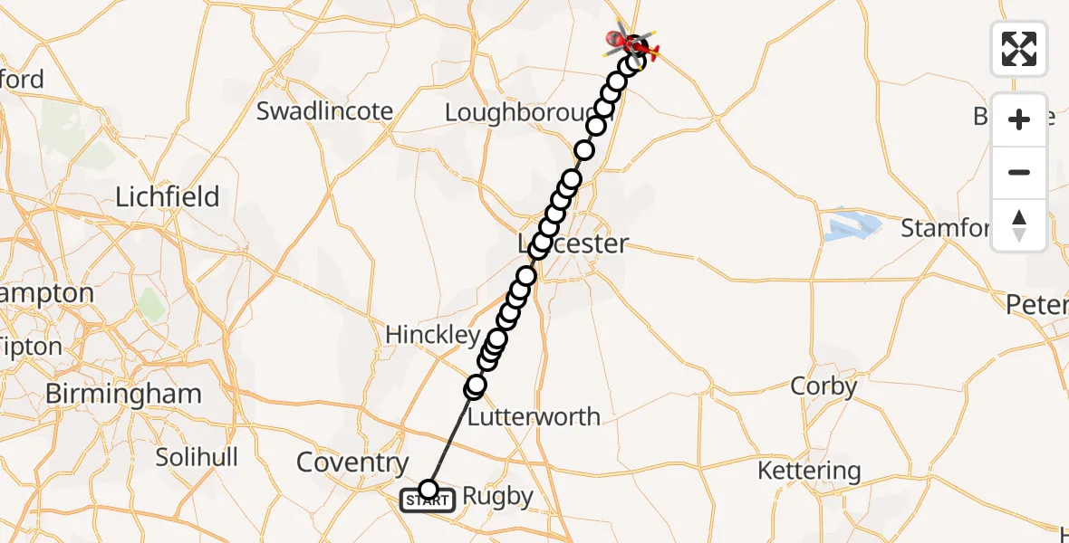 Flight path map showing Air Ambulance Helicopter route from Rugby to Nottingham Heliport
