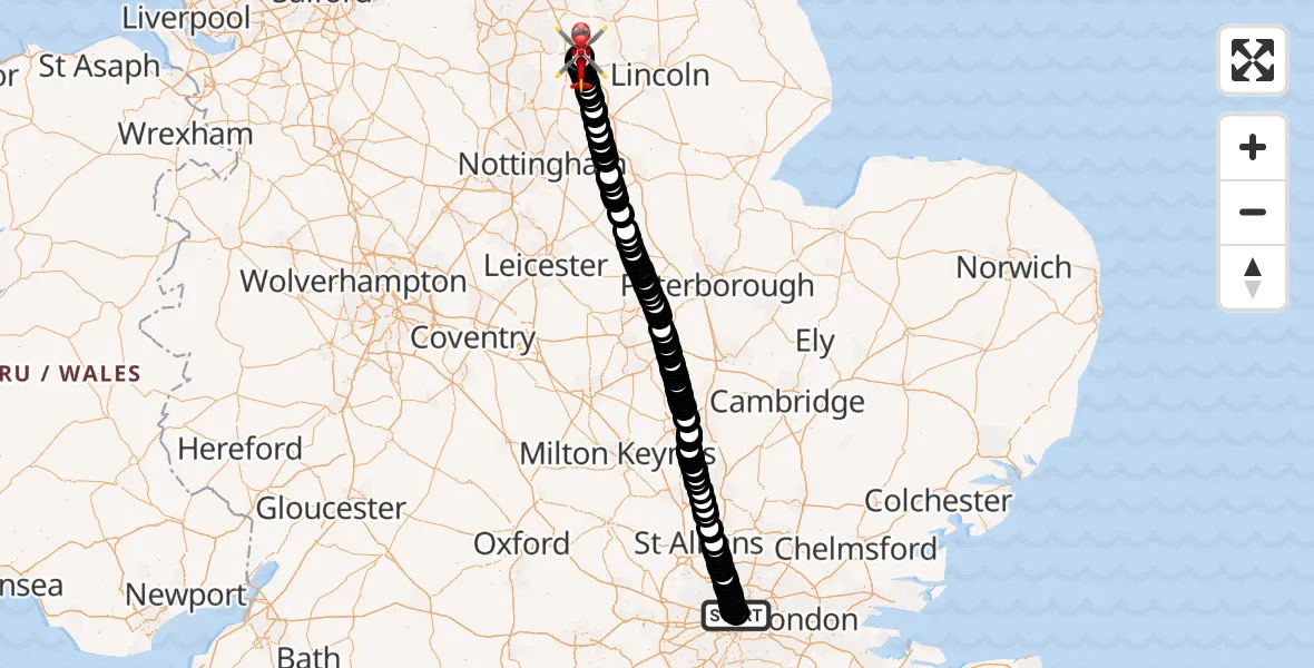 Flight path map showing Air Ambulance Helicopter route from Chalk Farm to Retford Gamston Airport