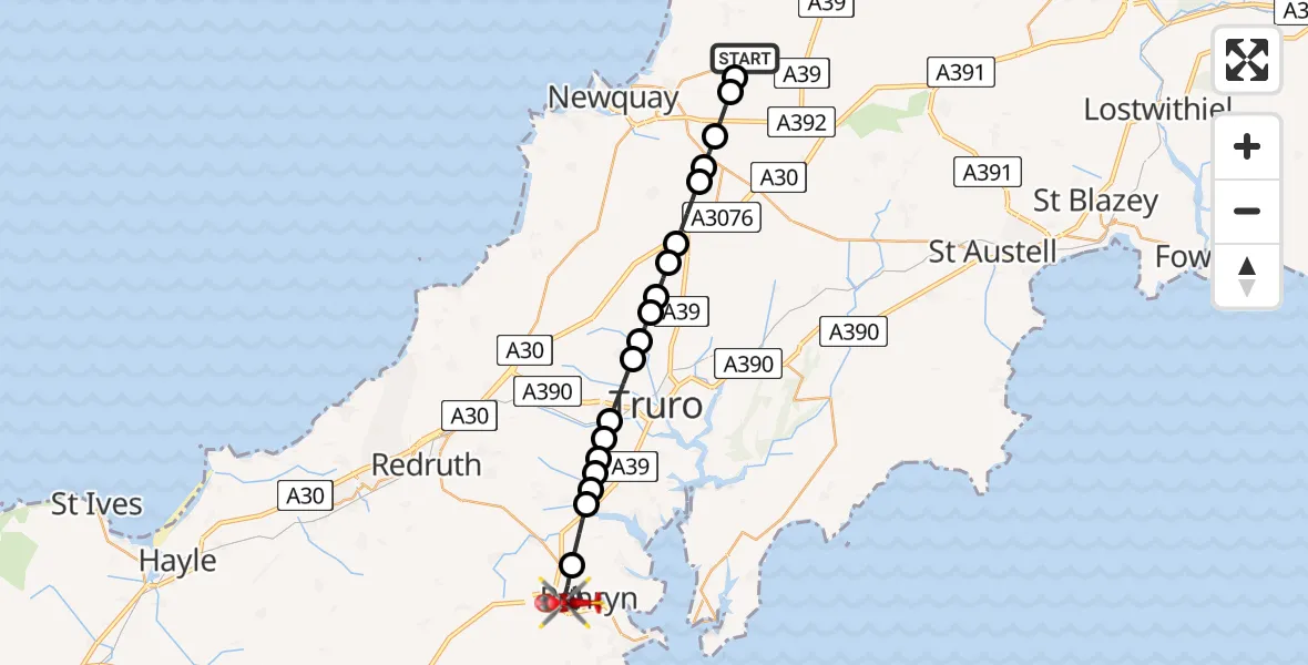 Flight path map showing Air Ambulance Helicopter route from Cornwall Airport Newquay to Penryn
