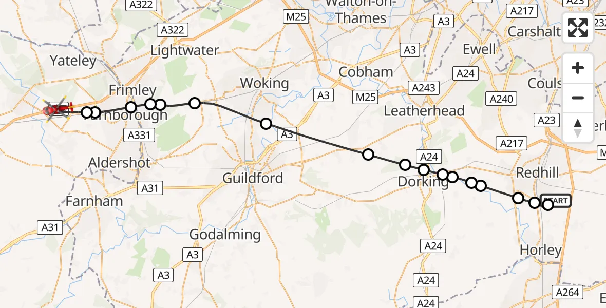 Flight path map showing Air Ambulance Helicopter route from Redhill Aerodrome to Fleet