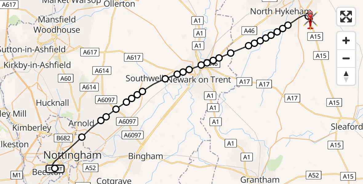 Flight path map showing Air Ambulance Helicopter route from Beeston to North Kesteven