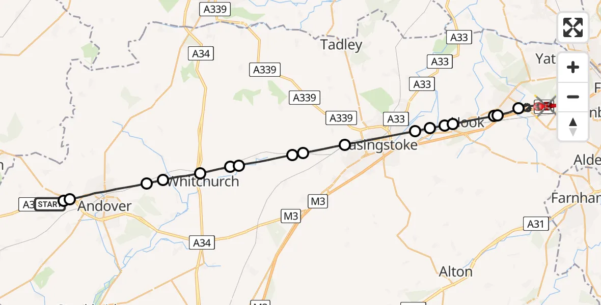 Flight path map showing Air Ambulance Helicopter route from Weyhill to Fleet