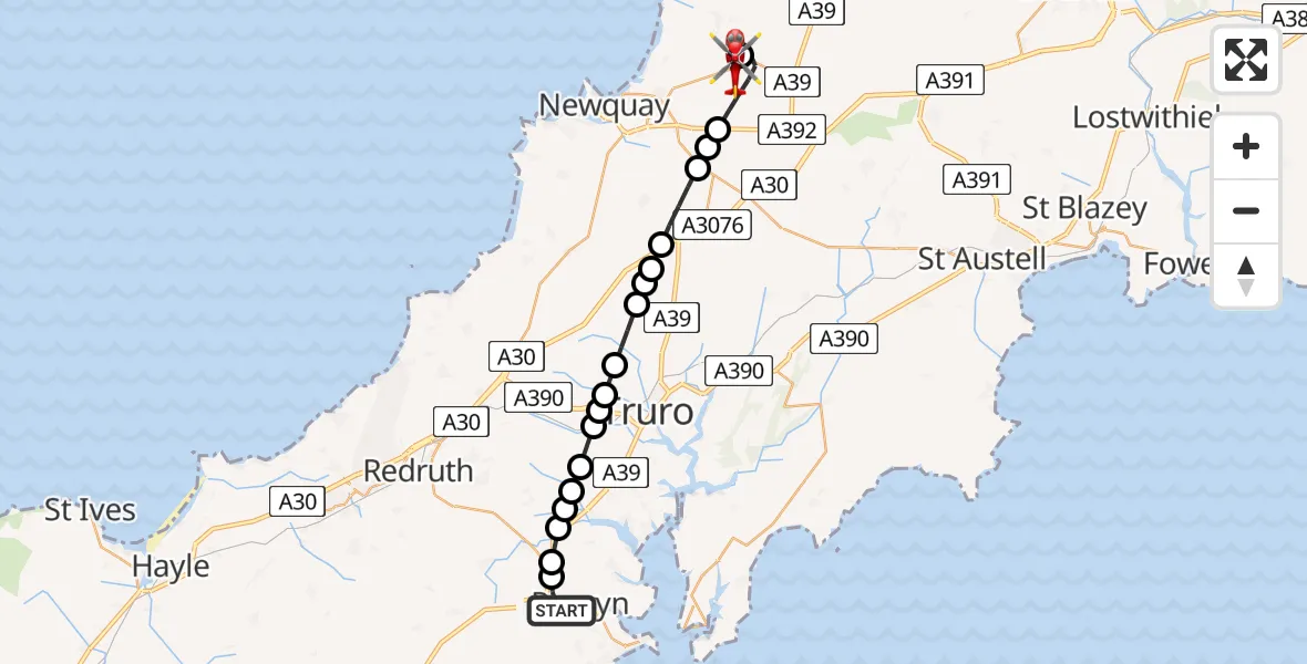 Routekaart van de vlucht: Air Ambulance Helicopter to Cornwall Airport Newquay
