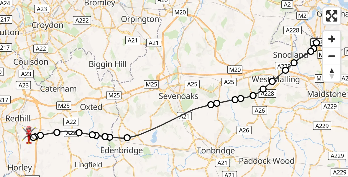 Flight path map showing Air Ambulance Helicopter route from Rochester Airport to Redhill Aerodrome