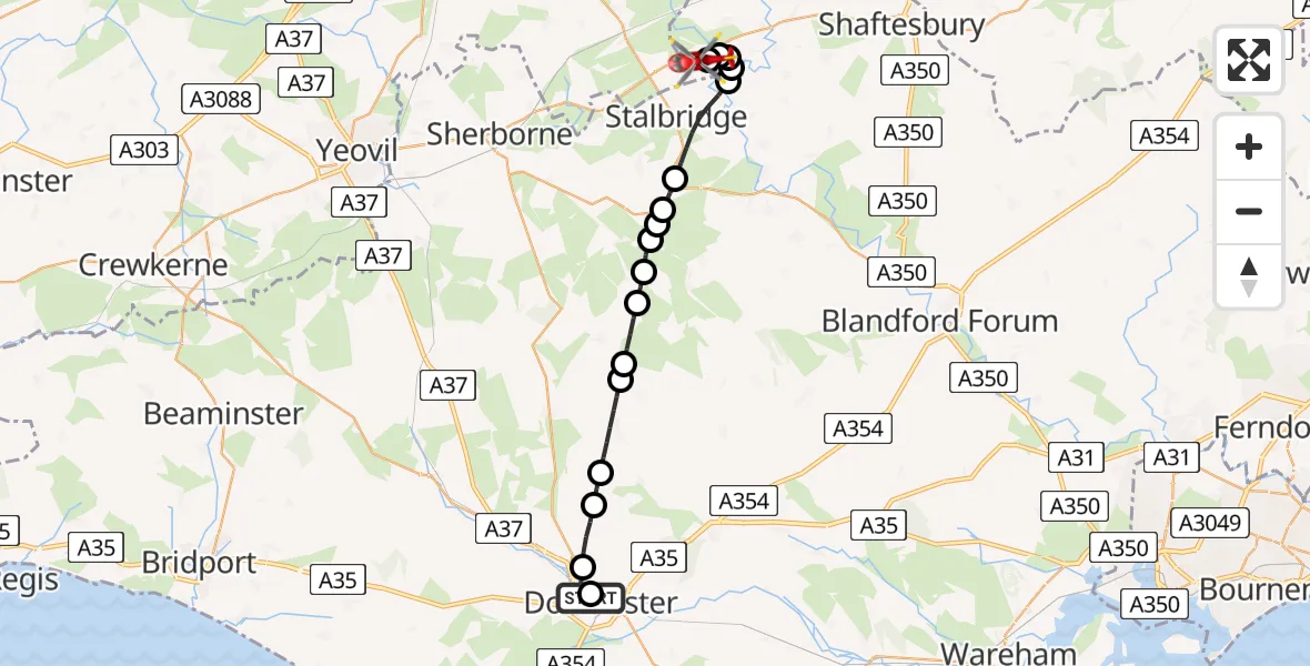 Flight path map showing Air Ambulance Helicopter route from Dorchester Hospital to Henstridge Airfield
