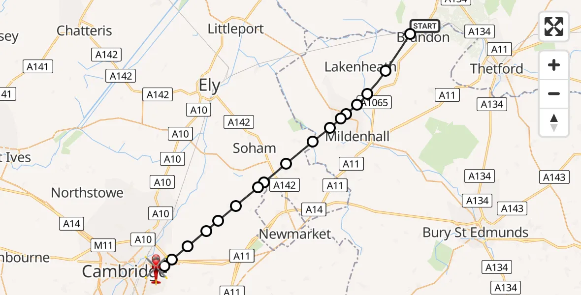 Flight path map showing Air Ambulance Helicopter route from Weeting to Cambridge City Airport
