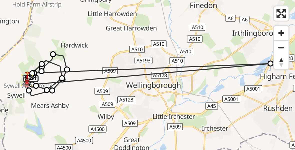 Flight path map showing Air Ambulance Helicopter route from Sywell Aerodrome to Sywell Aerodrome