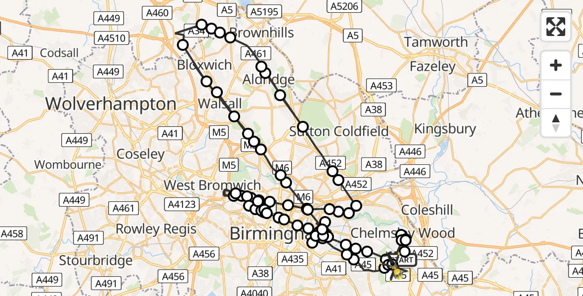 Flight path map showing Police Helicopter route from Birmingham Airport to Birmingham Airport