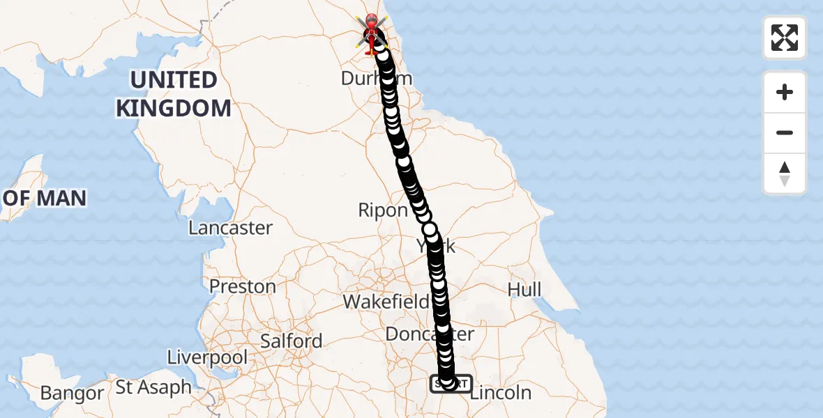 Flight path map showing Air Ambulance Helicopter route from Retford Gamston Airport to Newcastle Royal Victoria Infirmary