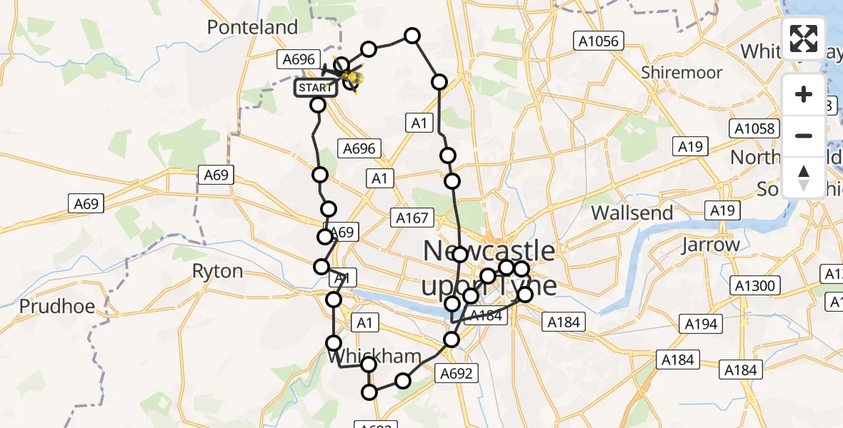 Flight path map showing Police Helicopter route from Newcastle International Airport to Newcastle International Airport