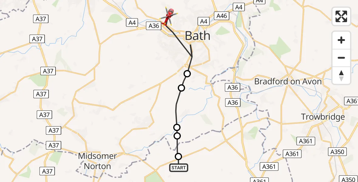 Flight path map showing Air Ambulance Helicopter route from Hemington to Bath