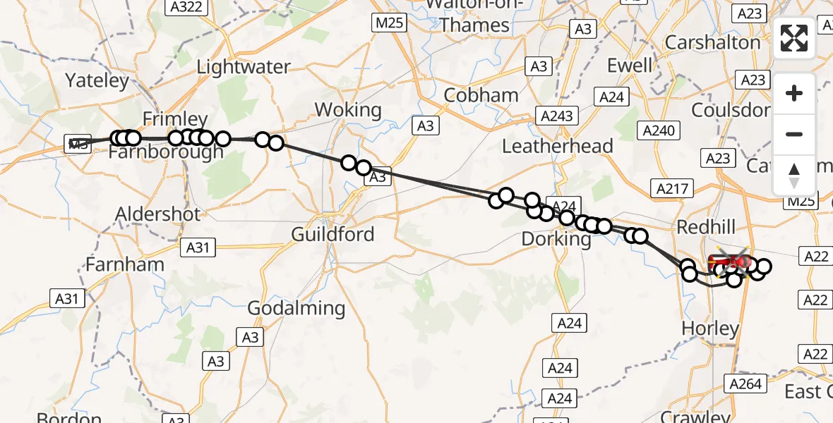 Flight path map showing Air Ambulance Helicopter route from Redhill Aerodrome to Redhill Aerodrome