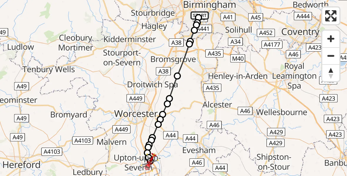Flight path map showing Air Ambulance Helicopter route from Queen Elizabeth Hospital Helipad to Upper Strensham