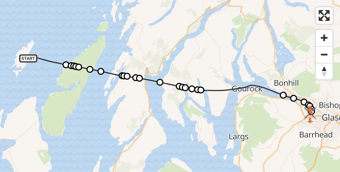 Flight path map showing Coastguard Helicopter route from Inner Seas to Glasgow Airport