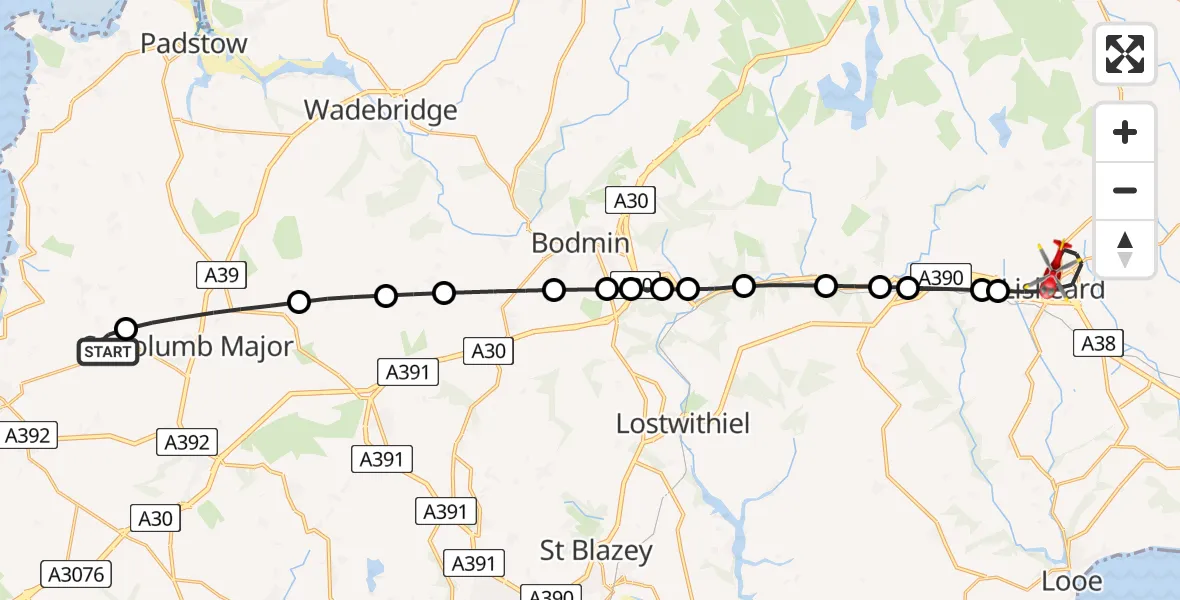 Flight path map showing Air Ambulance Helicopter route from Cornwall Airport Newquay to Liskeard