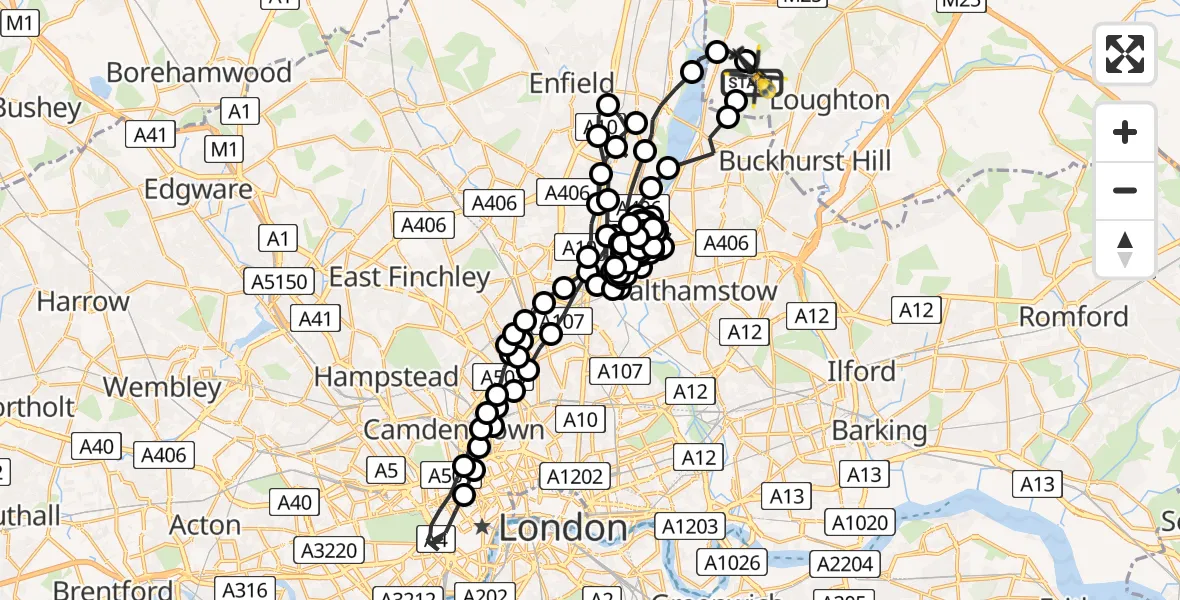 Flight path map showing Police Helicopter route from Metropolitan Police Air Support Unit Lippitts Hill to Sewardstonebury