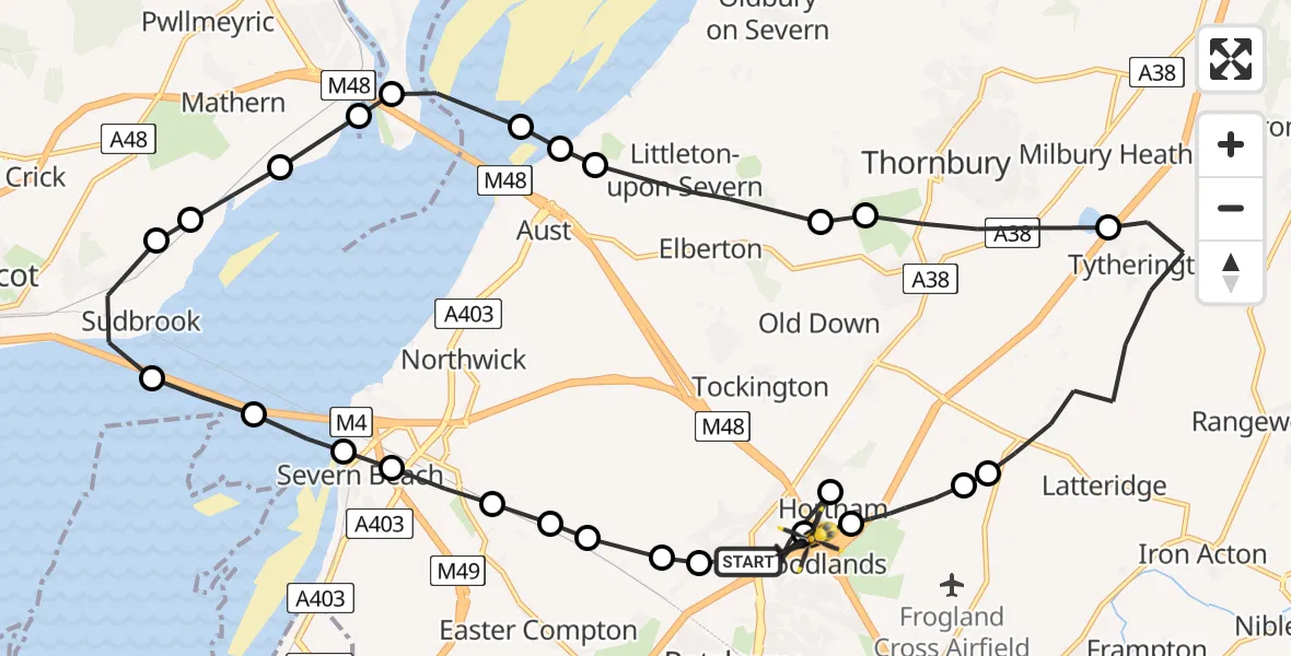 Flight path map showing Police Helicopter route from Almondsbury to Almondsbury Helicopter Base
