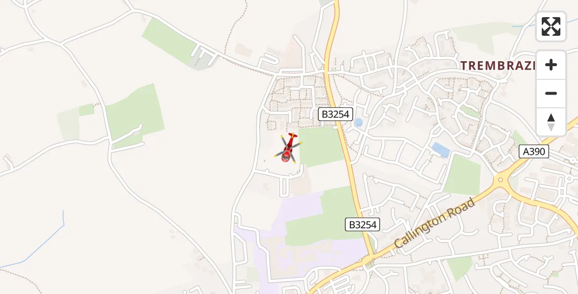 Flight path map showing Air Ambulance Helicopter route from Liskeard to Liskeard