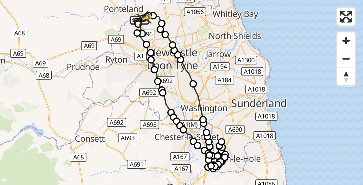 Flight path map showing Police Helicopter route from Newcastle International Airport to Newcastle International Airport