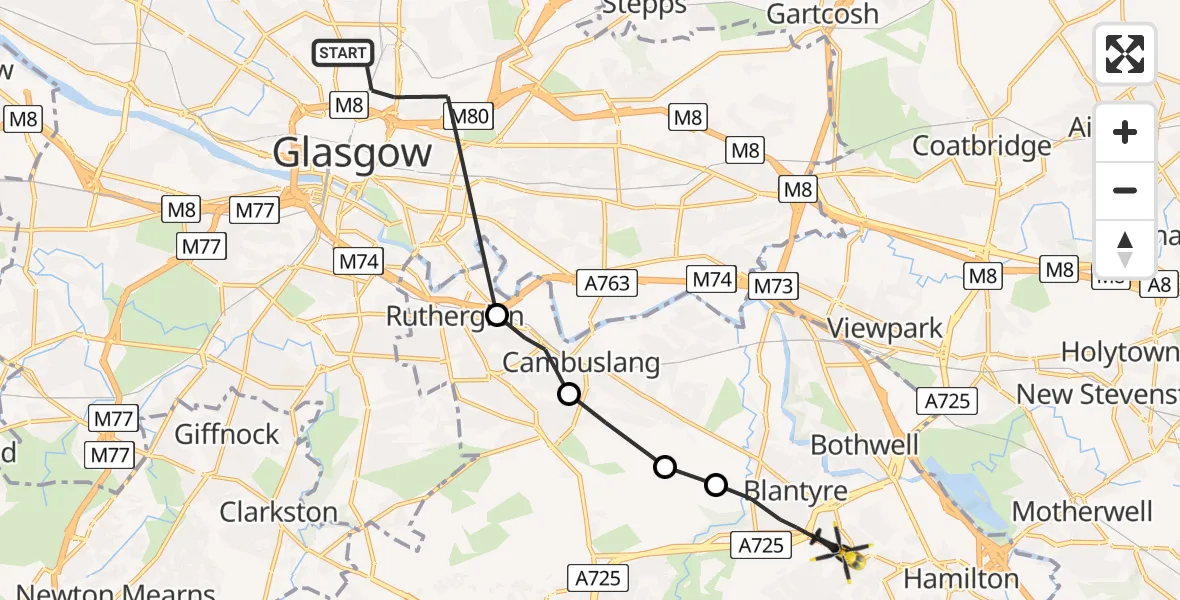 Flight path map showing Police Helicopter route from Glasgow to Blantyre