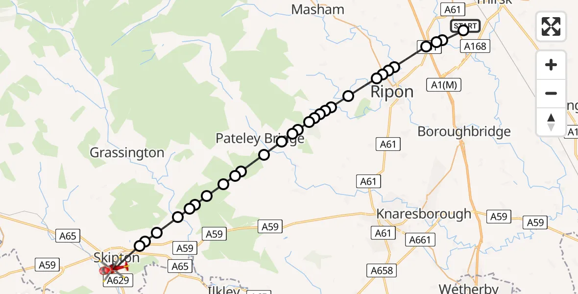 Flight path map showing Air Ambulance Helicopter route from RAF Topcliffe to Skipton