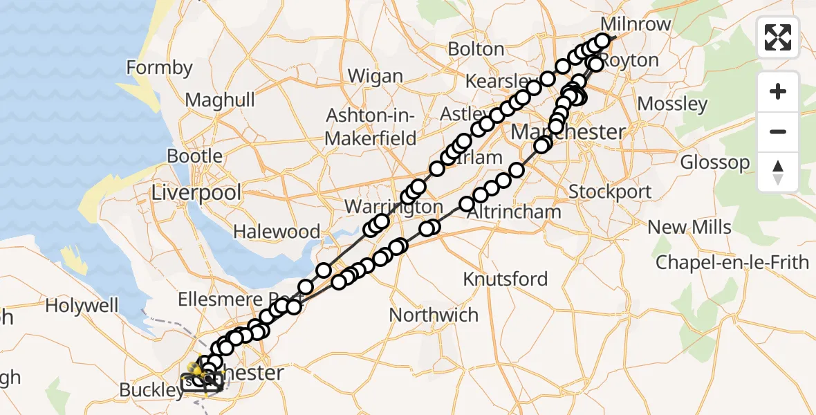 Flight path map showing Police Helicopter route from Hawarden Airport to Hawarden Airport