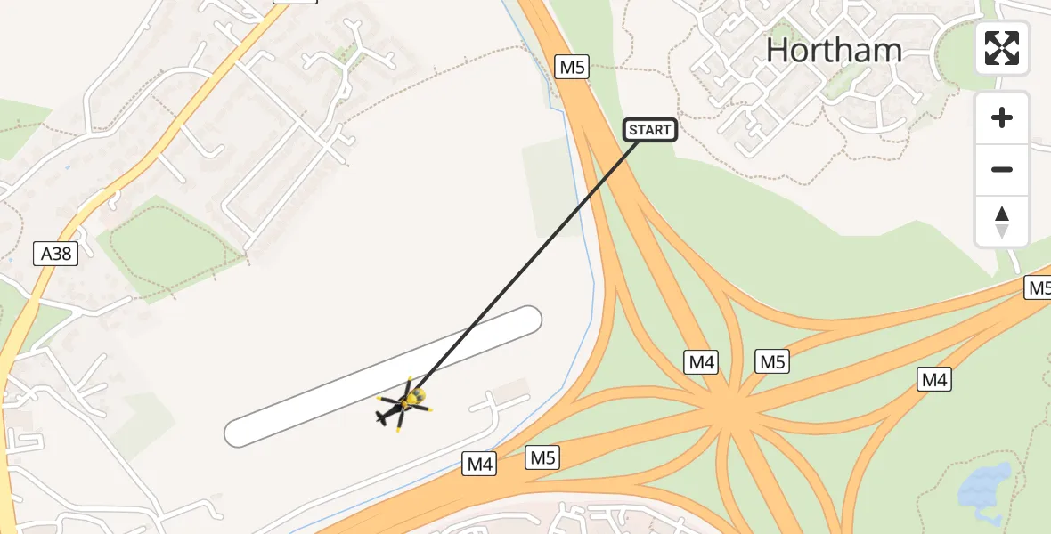 Flight path map showing Police Helicopter route from Hortham to Almondsbury Helicopter Base